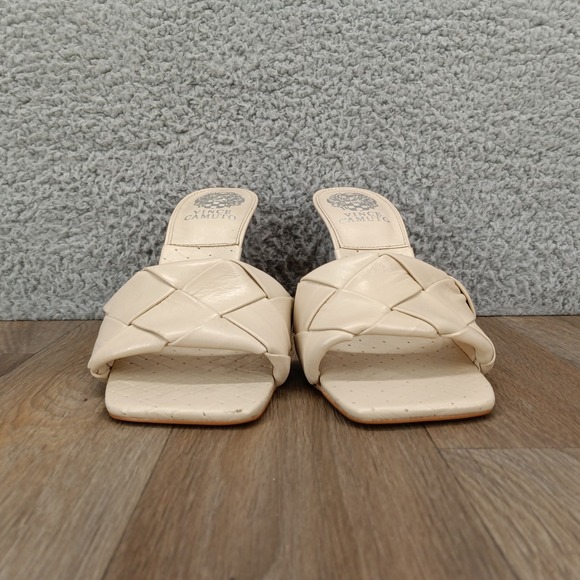 Vince Camuto Brelanie 7.5‎ Woven Leather Sandals Mules Square Toe Heels Beige - Picture 5 of 10